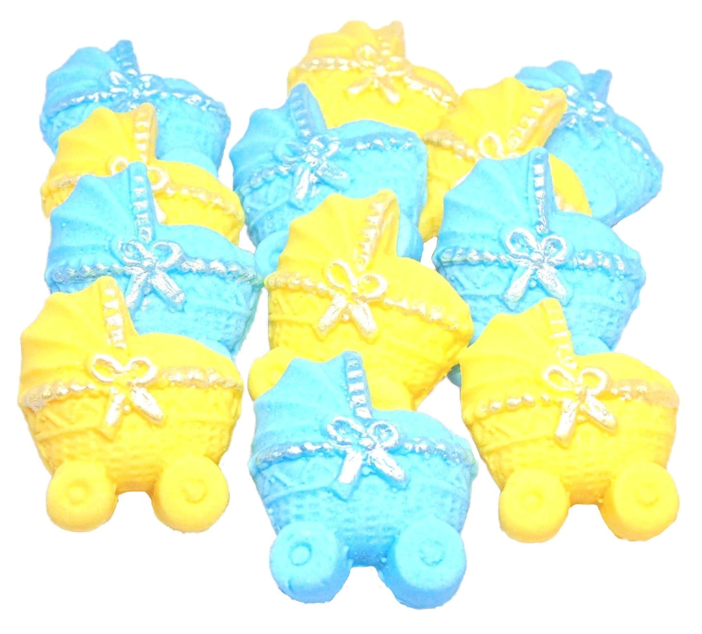 12 Blue & Yellow Mixed coloured Edible Prams ideal for a Baby Shower . Vegan, Dairy & Gluten Free cupcake topper decorations