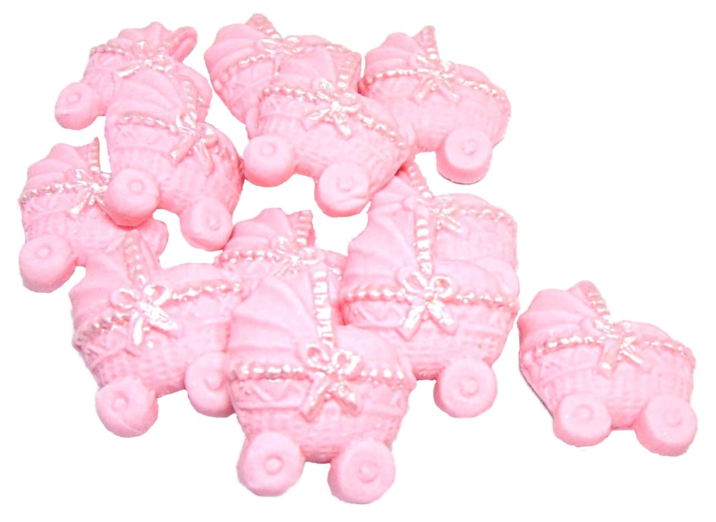 12 Pink coloured Edible Prams ideal for a Baby Shower . Vegan, Dairy & Gluten Free cupcake topper decorations