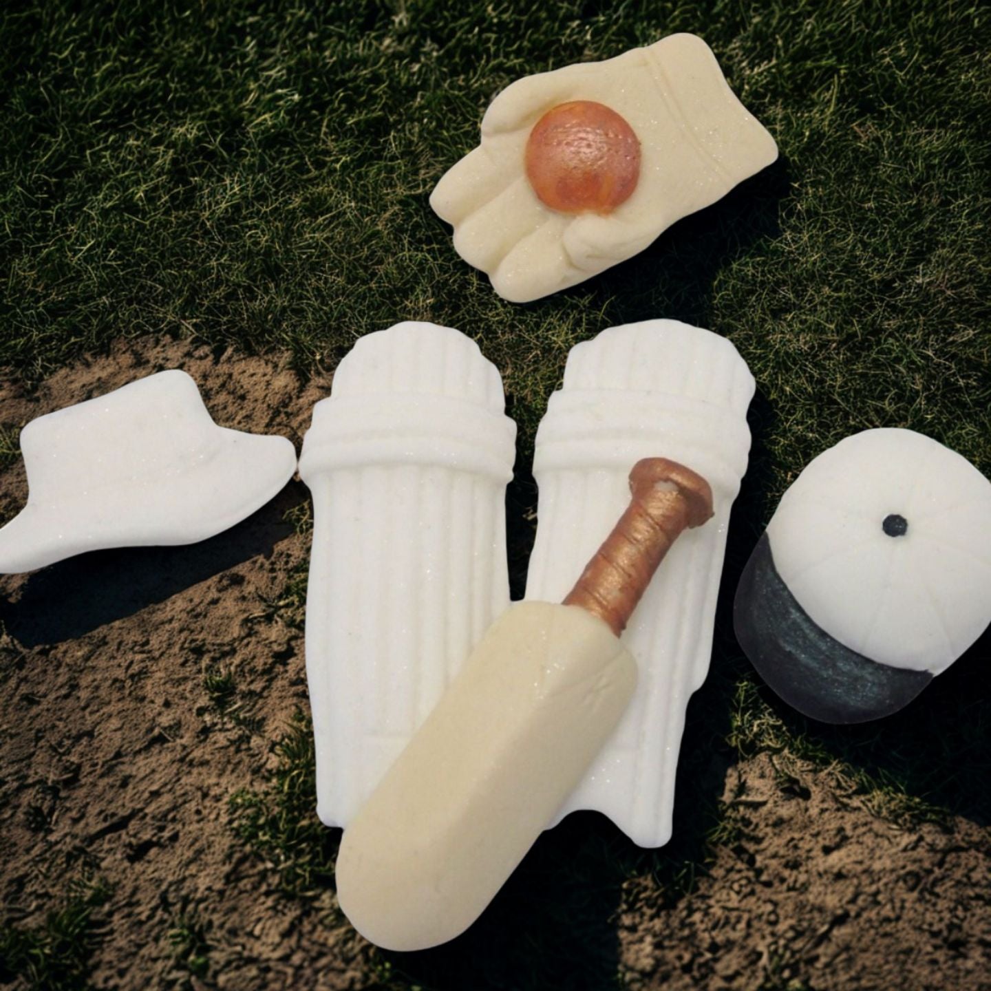 cricket set decoration for cupcakes and cakes shown on a grass background image