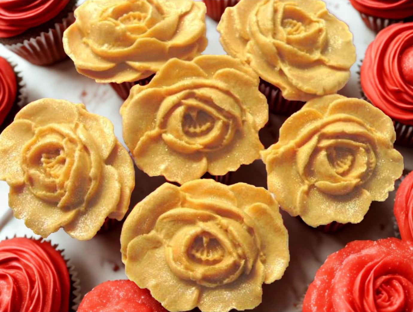 Set 6 Glittered Coloured Roses Edible Cupcake Decorations