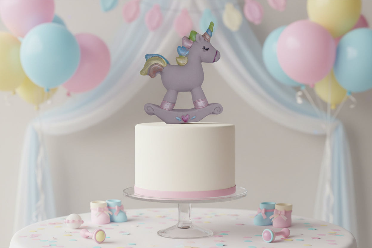 Grey Unicorn-shaped cake decoration on a wooden floor with colorful background