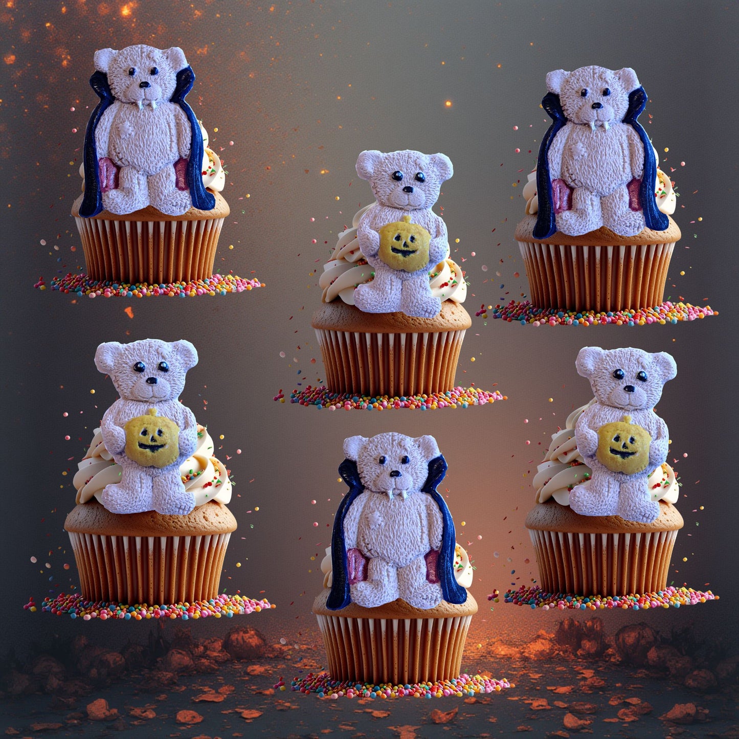 Cupcakes with Halloween edible teddy bear toppers on a dark background