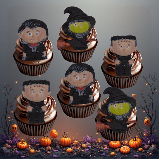 Halloween-themed edible cupcakes with character toppers on a dark background with pumpkins.