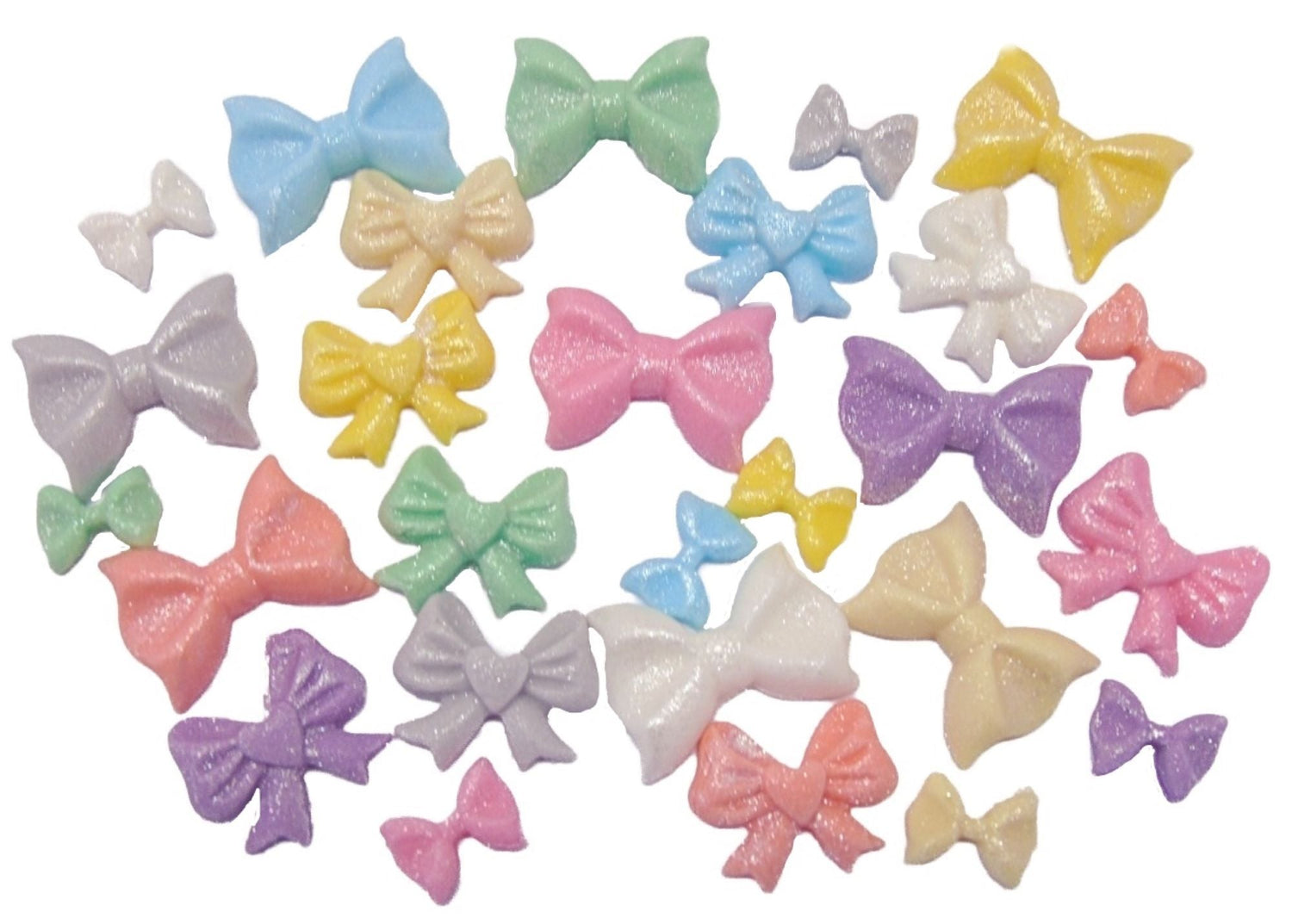A scattering of different coloured bows from the buttons and bows.