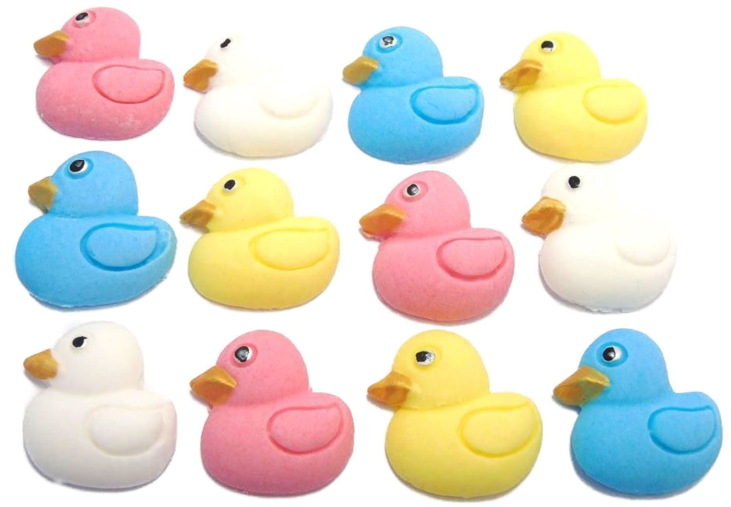 A line of different coloured duck cake toppers from the Birds, Bats & Flys collection at Simply toppers.