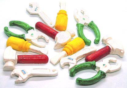 12 Edible Work Tools DIY Vegan Birthday cupcake toppers. Consists of hammer, screwdrivers, plyers  and wrench three of each