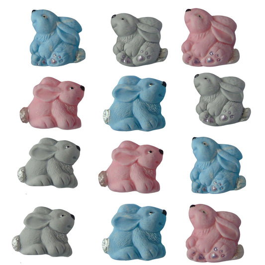 set 12 coloured cute rabbis cupcake toppers  on a white background