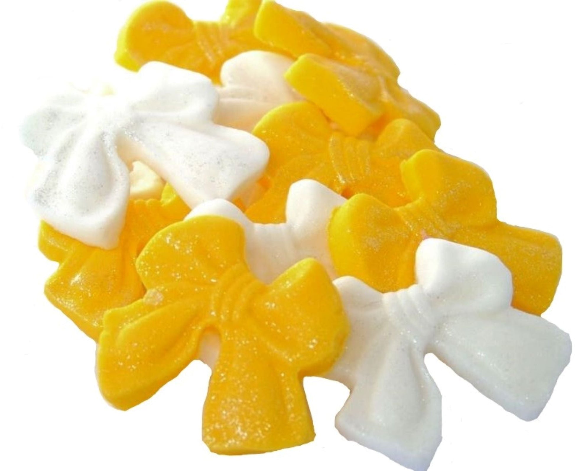 12 Edible Yellow & White Mixed Glittered Bows Vegan, Dairy & Gluten Free cupcake toppers