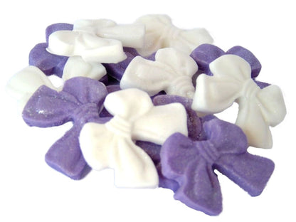 12 Edible Purple & White Mixed Glittered Bows Vegan, Dairy & Gluten Free cupcake toppers