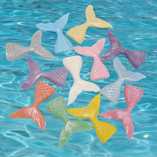 12 Handmade Coloured Glittered Mermaid Tails Edible Toppers