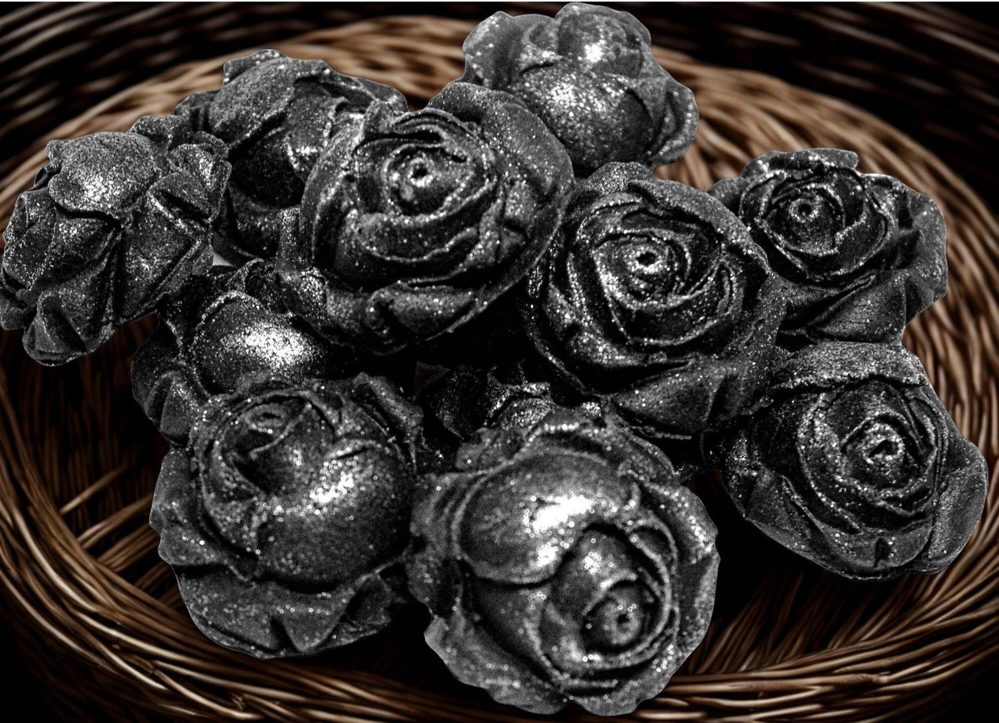12 Glittered Coloured Rose Buds Edible Cupcake Toppers