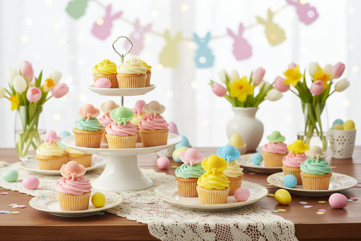 Set 12  Handmade edible Easter mixed pastel  coloured bonnets cupcake topper decorations