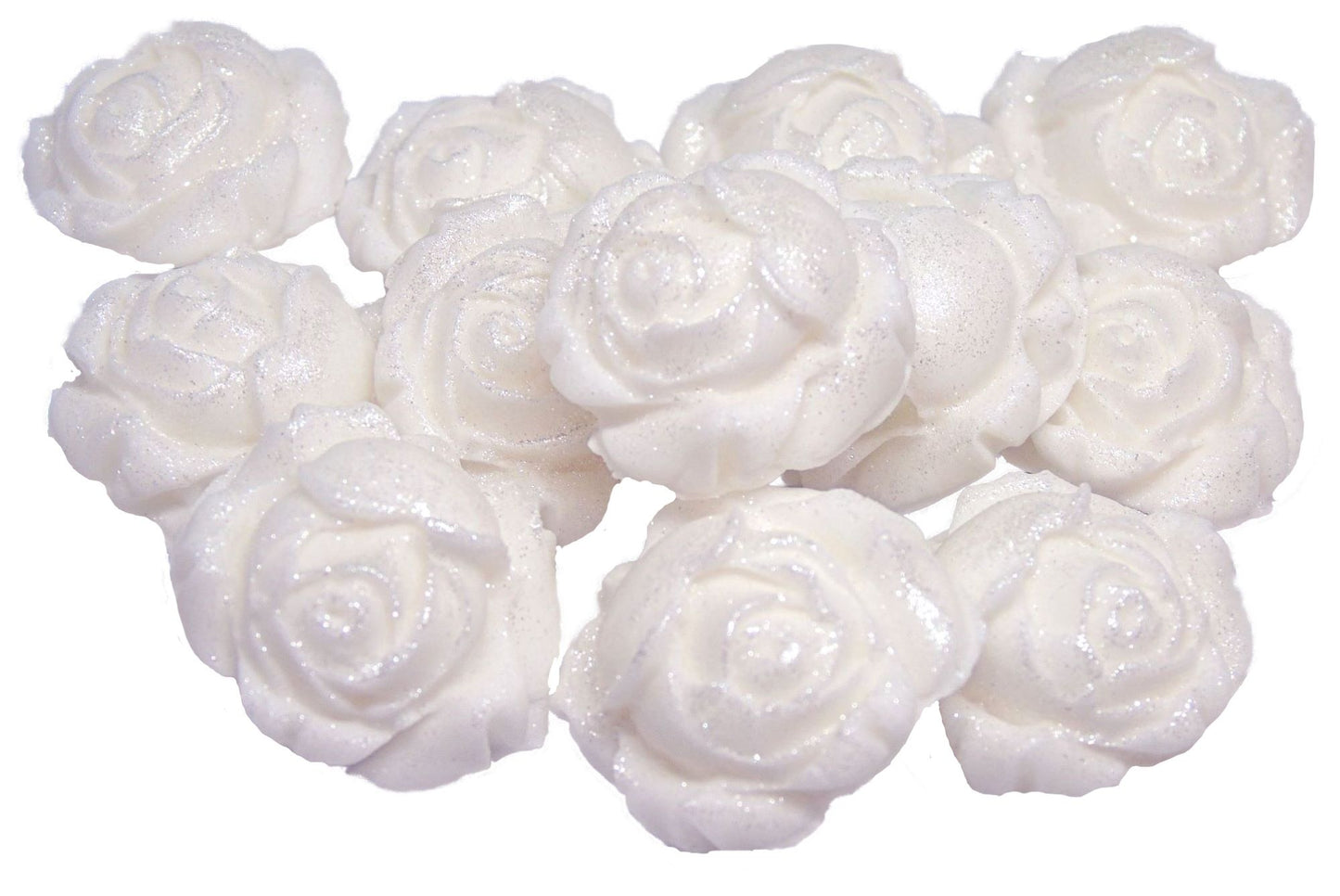 12 Glittered White Rose Buds Edible Vegan Cupcake Cake Toppers