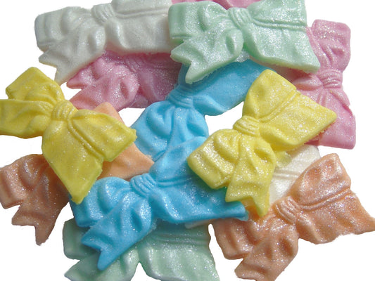 12 Edible Mixed coloured set  Fine Glittered Bows Cupcake Toppers