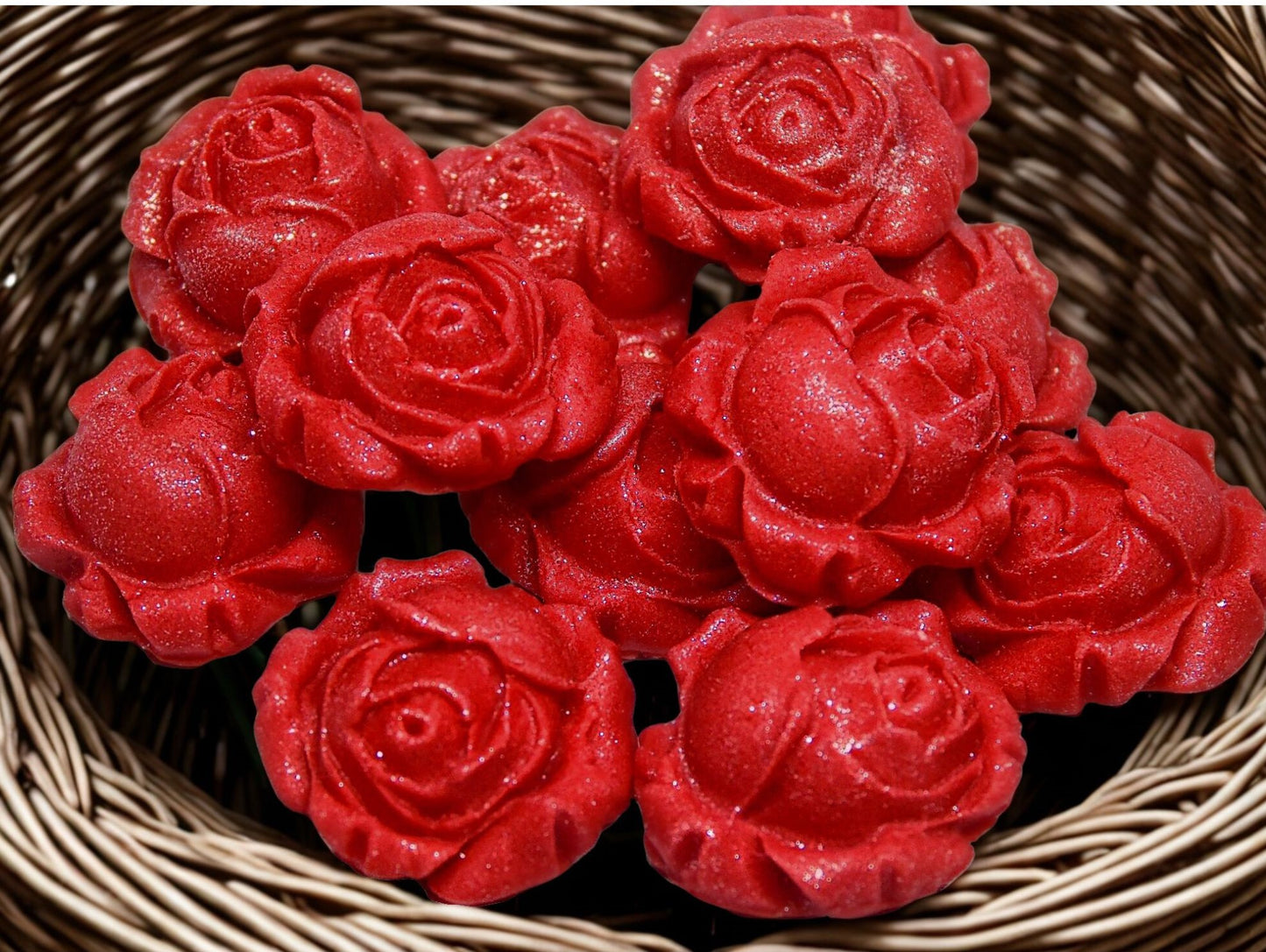 12 Glittered Coloured Rose Buds Edible Cupcake Toppers