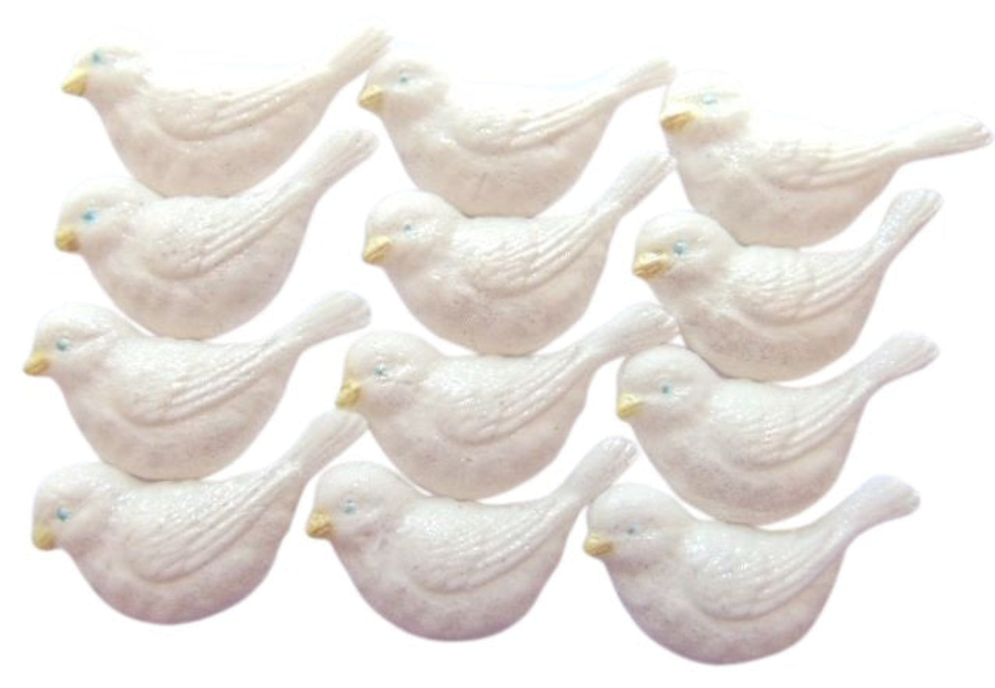 12 edible White glittered birds cupcake or cake topper decorations