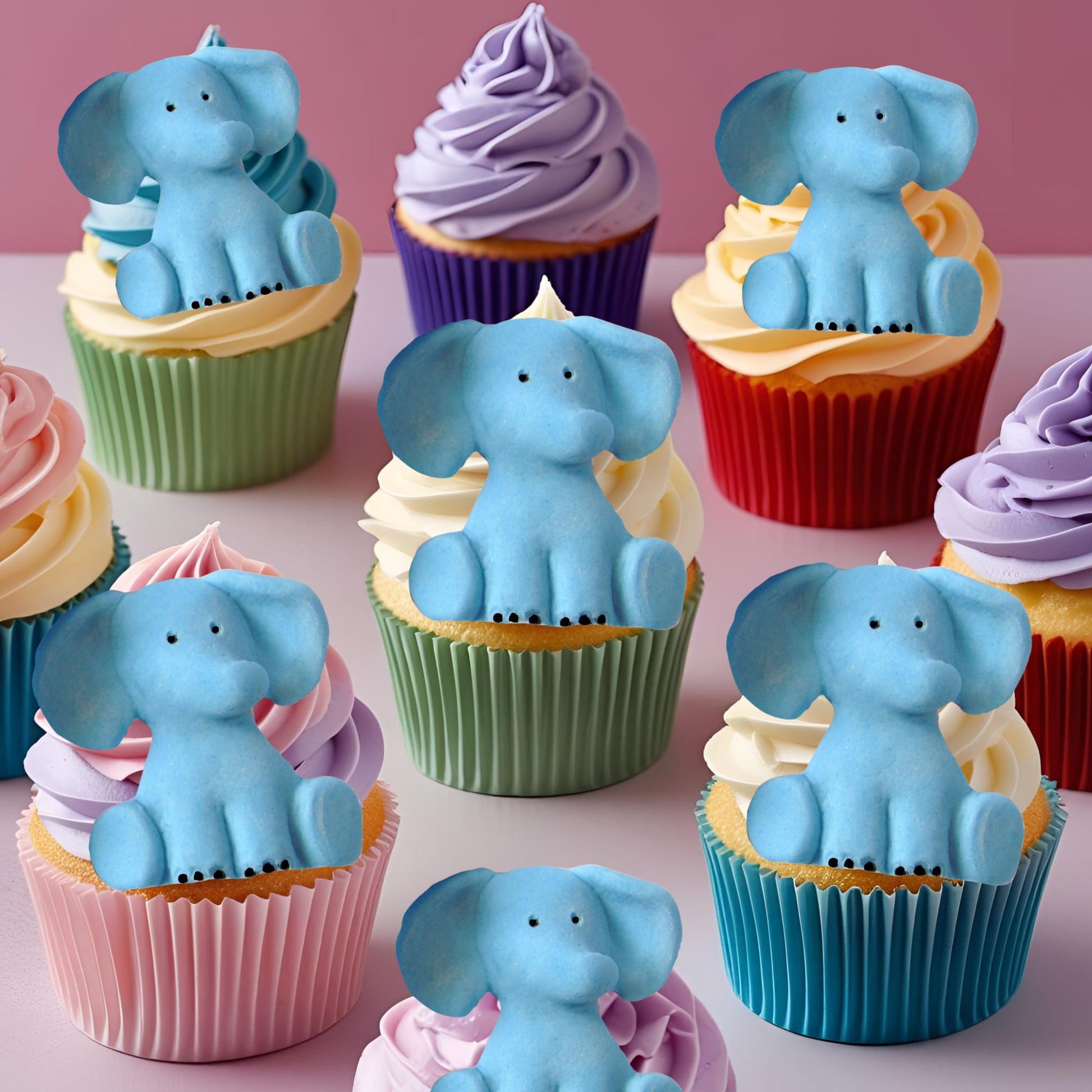 Cupcakes decorated with blue elephant toppers on a pink background