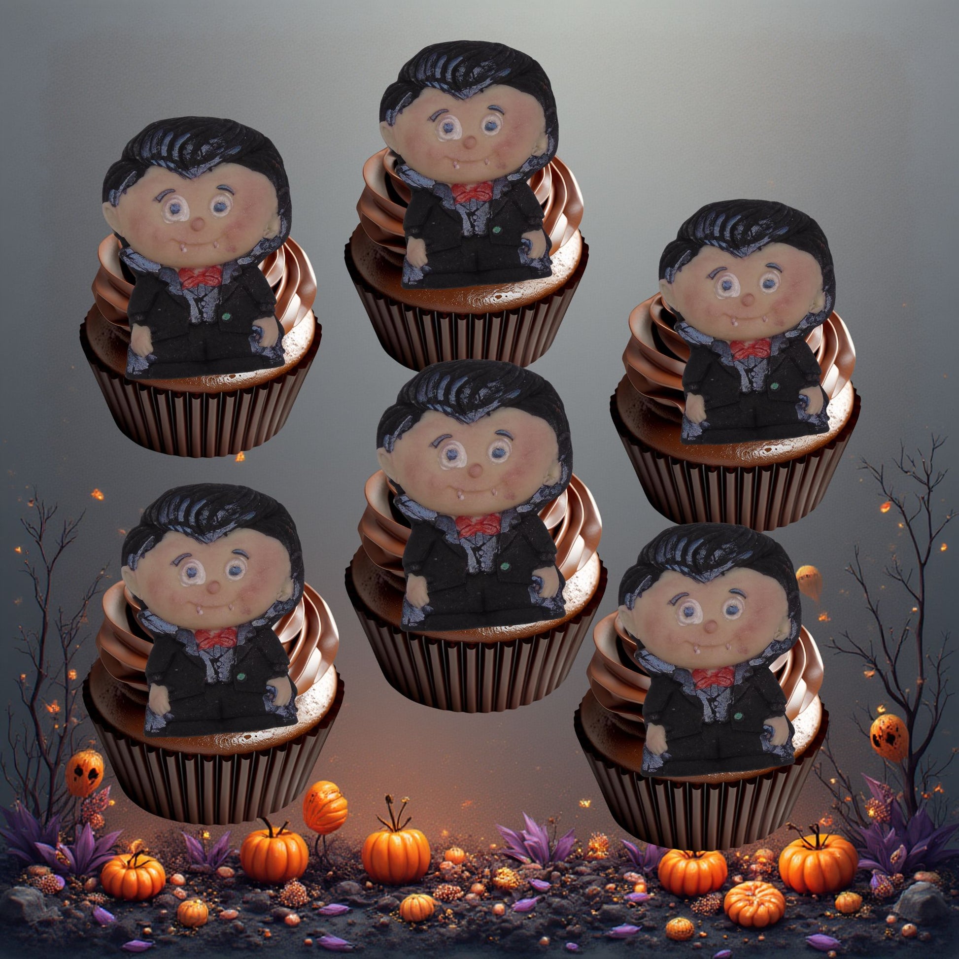 Edible Halloween character toppers on a Halloween-themed background with pumpkins and leaves.