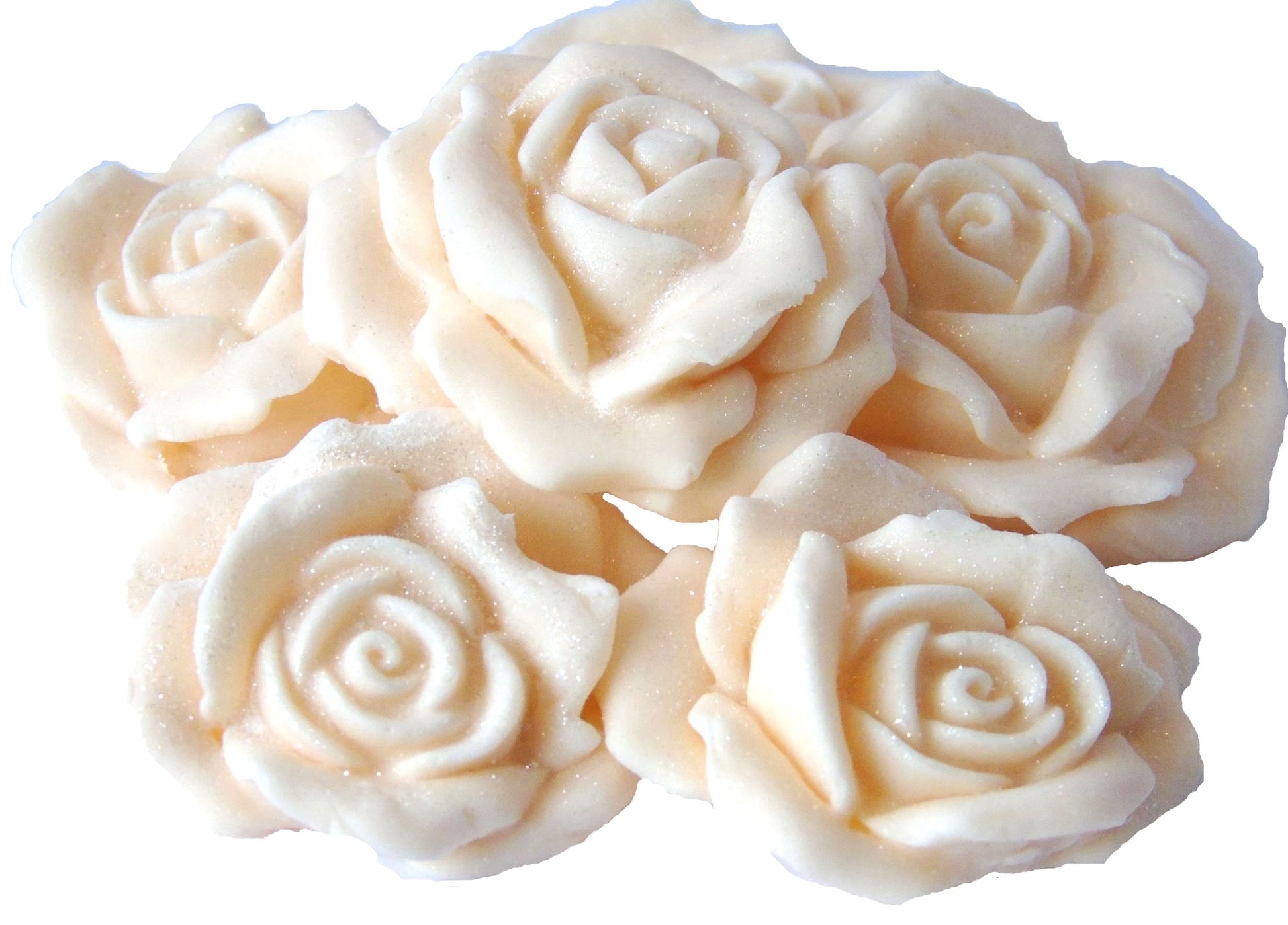 6 Ivory Glittered edible large roses vegan dairy free & gluten free decorations