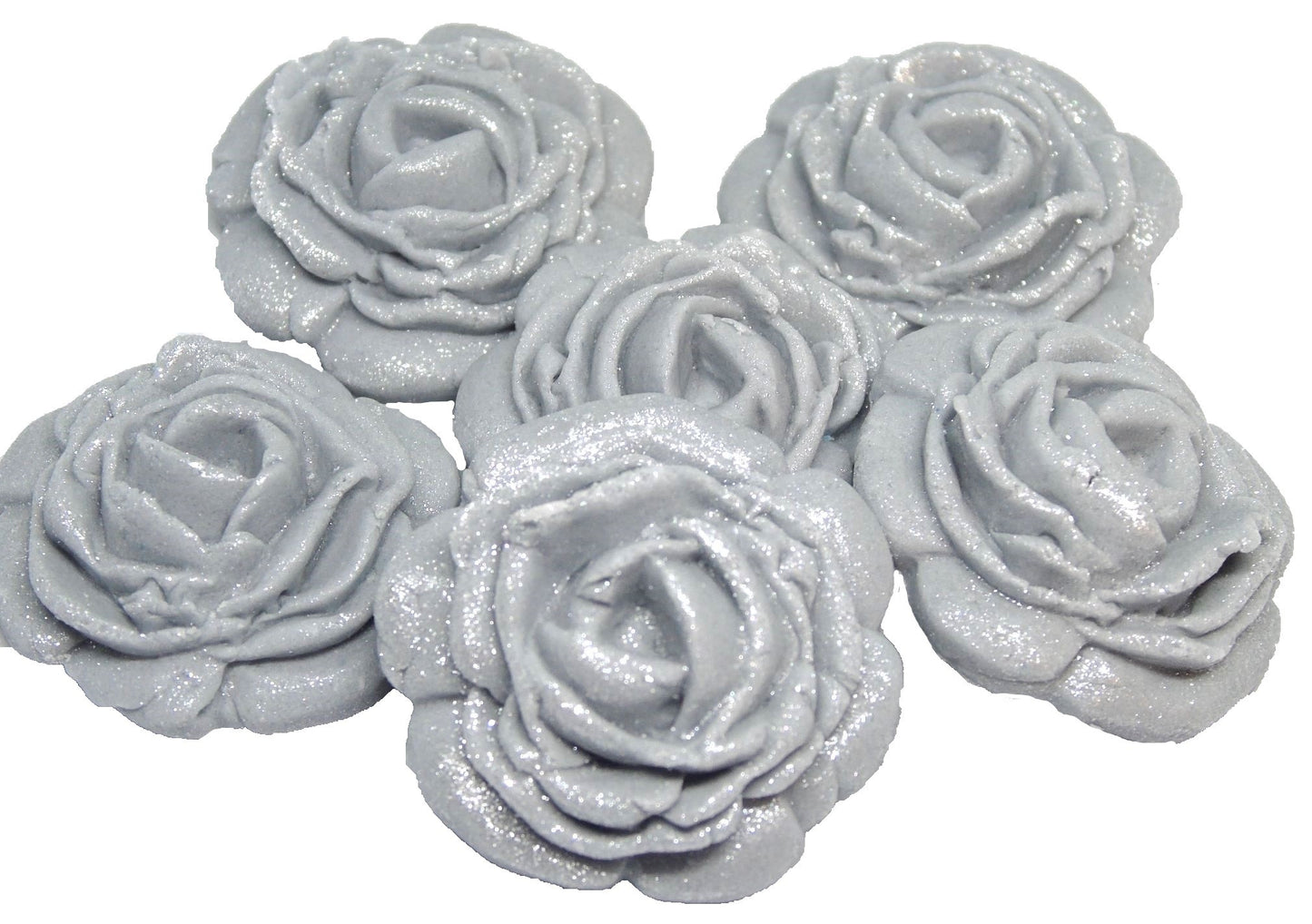 6 Glittered edible large roses  Silver vegan dairy free & gluten free rose decorations