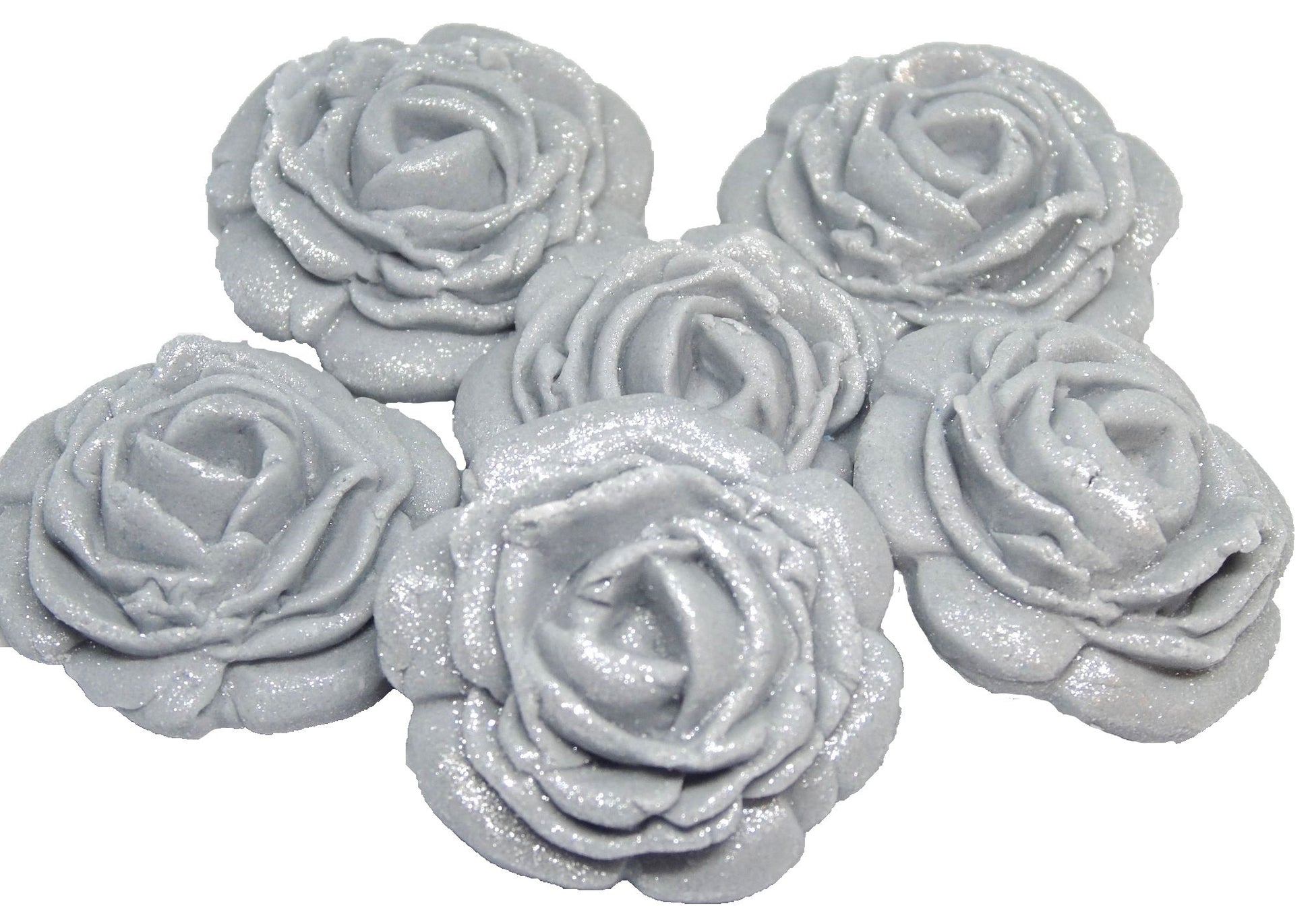 6 Glittered edible large roses  Silver vegan dairy free & gluten free rose decorations