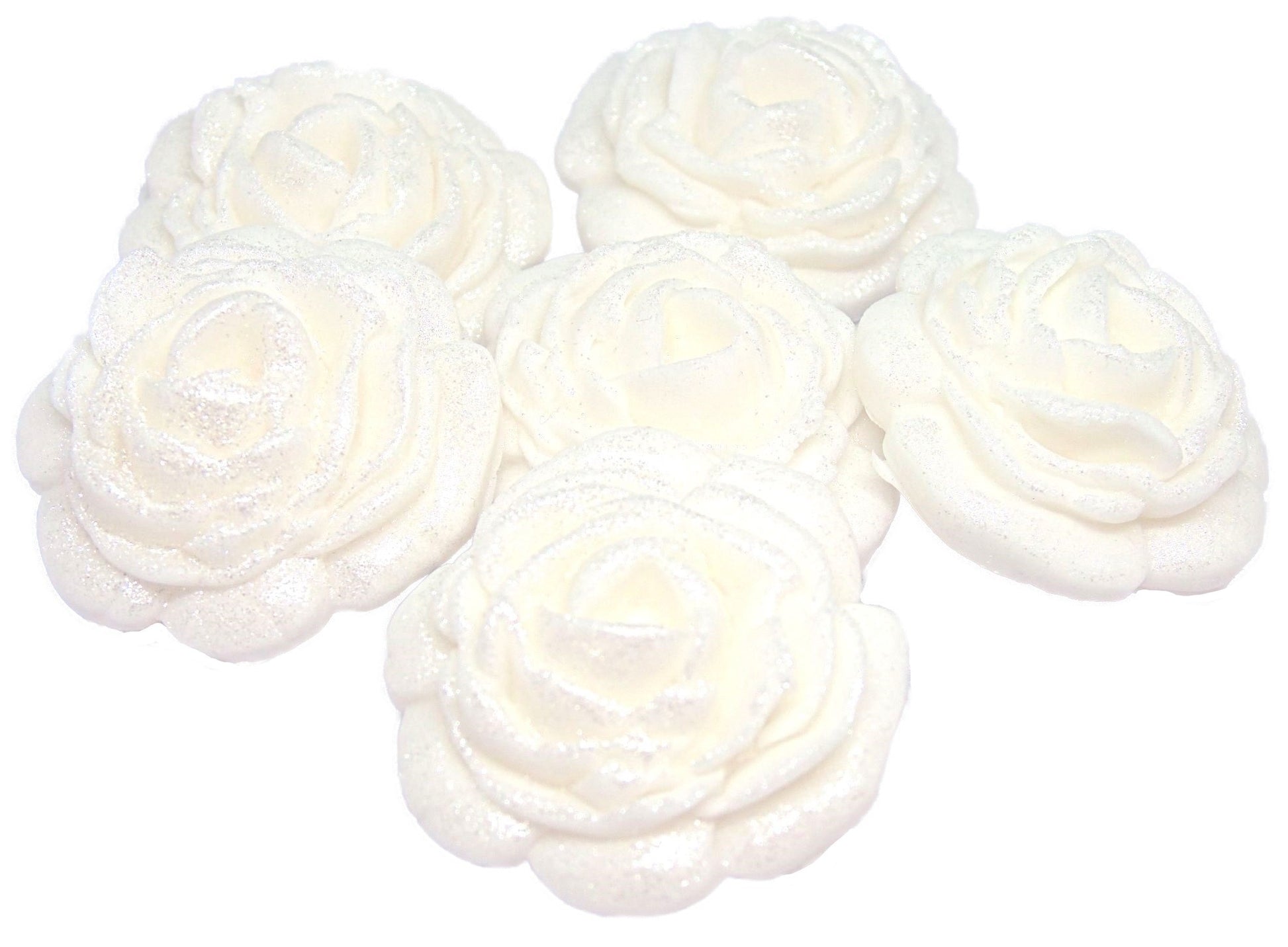 6 Glittered edible large roses White vegan dairy free & gluten free rose decorations