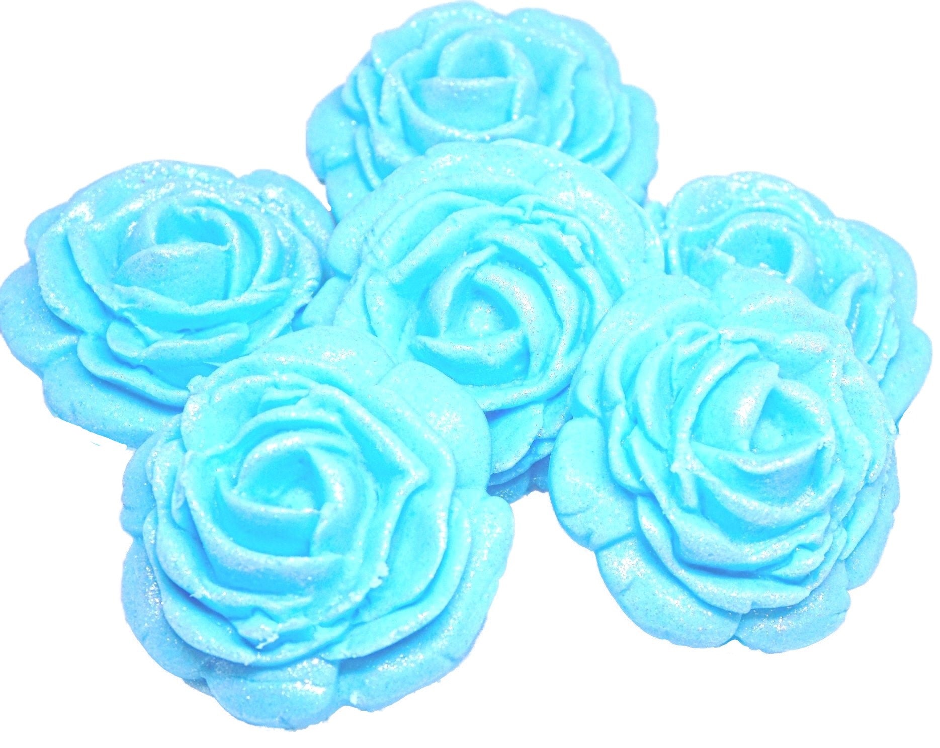6 Glittered edible large roses Blue vegan dairy free & gluten free rose decorations