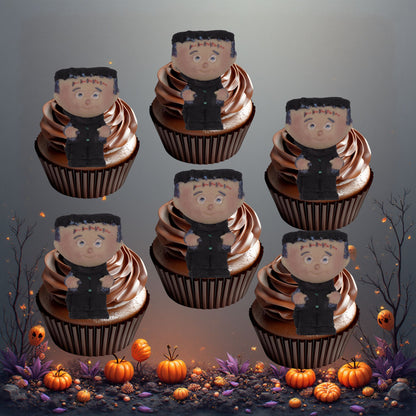 6 Cupcakes with edible Frankenstein character decorations on a Halloween-themed background.