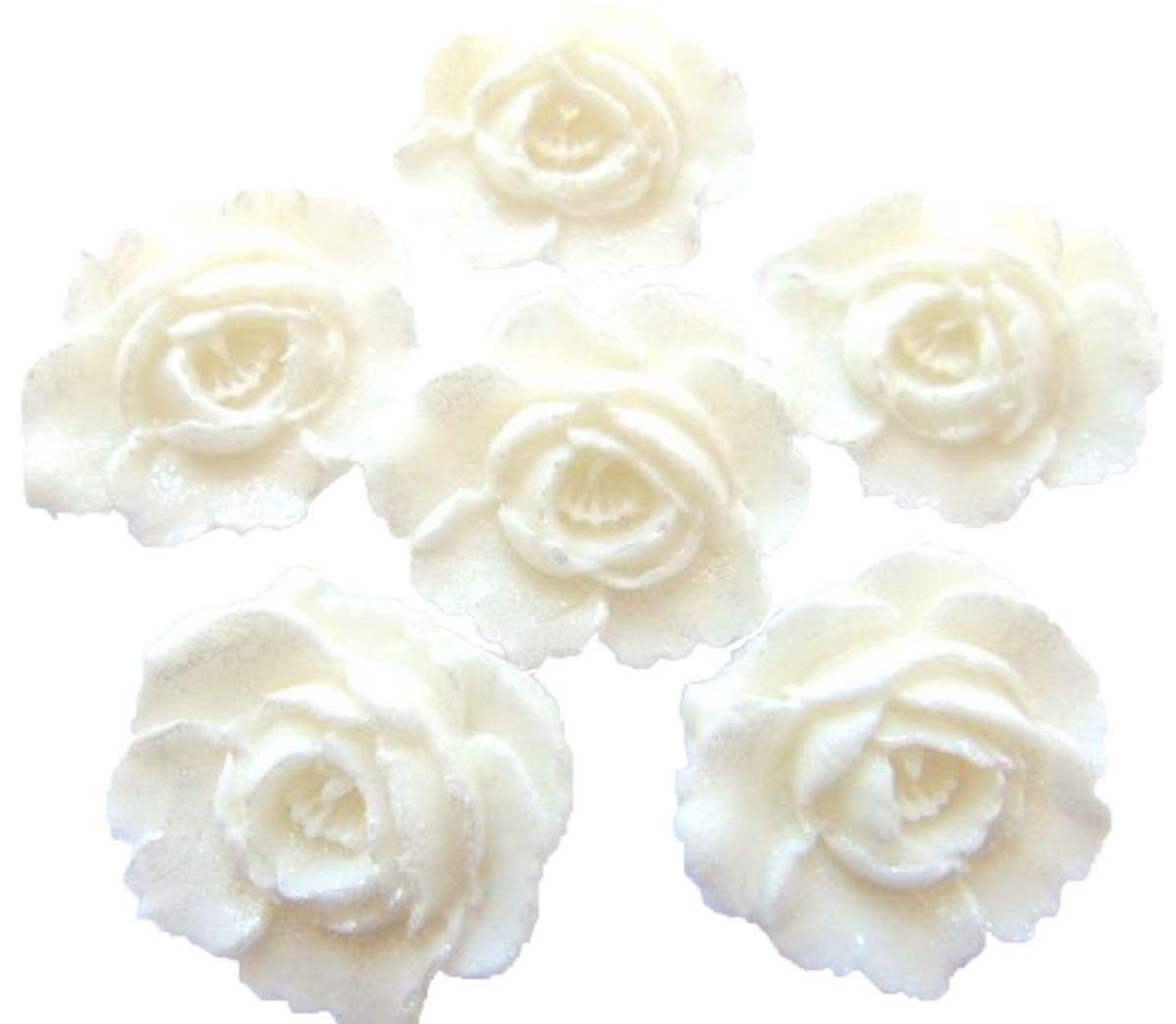 6 large White Glittered Roses Wedding Birthday Celebration Vegan Cupcake Cake Toppers
