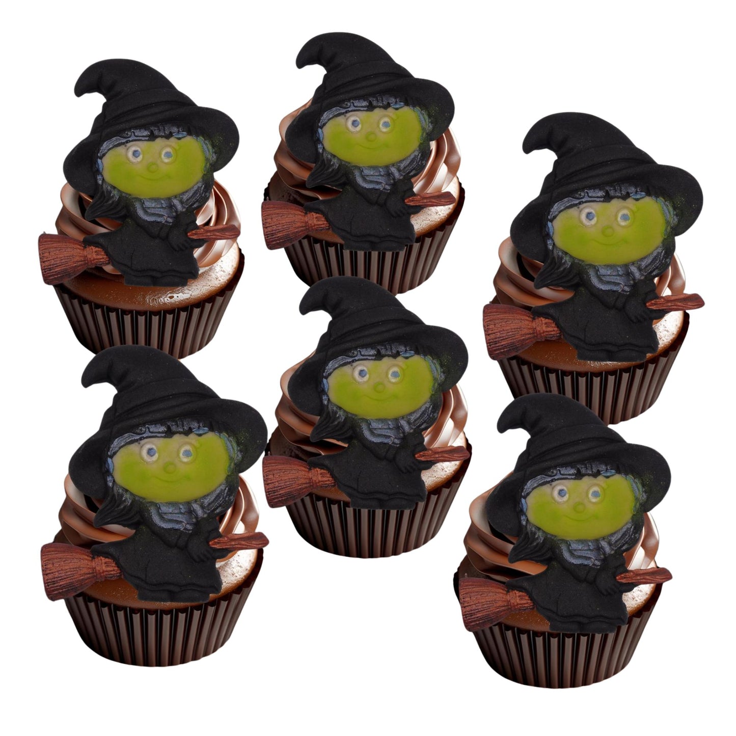 Six halloween toppers cupcakes with witch toppers on top on a white background