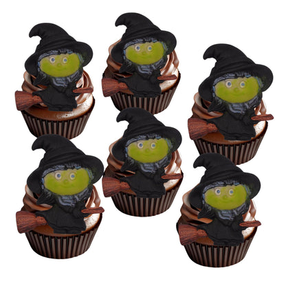 Six halloween toppers cupcakes with witch toppers on top on a white background