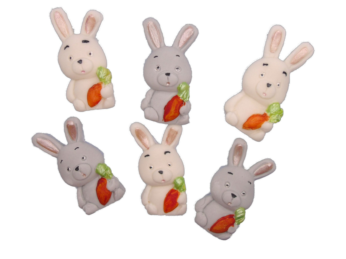 6 Edible white & grey Easter Rabbits Baby Shower Fondant Vegan Cupcake Toppers