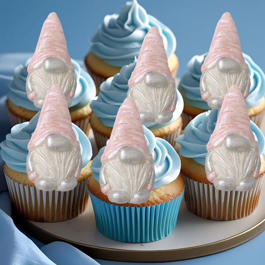 Cupcakes with pink gnome decorations on a blue background
