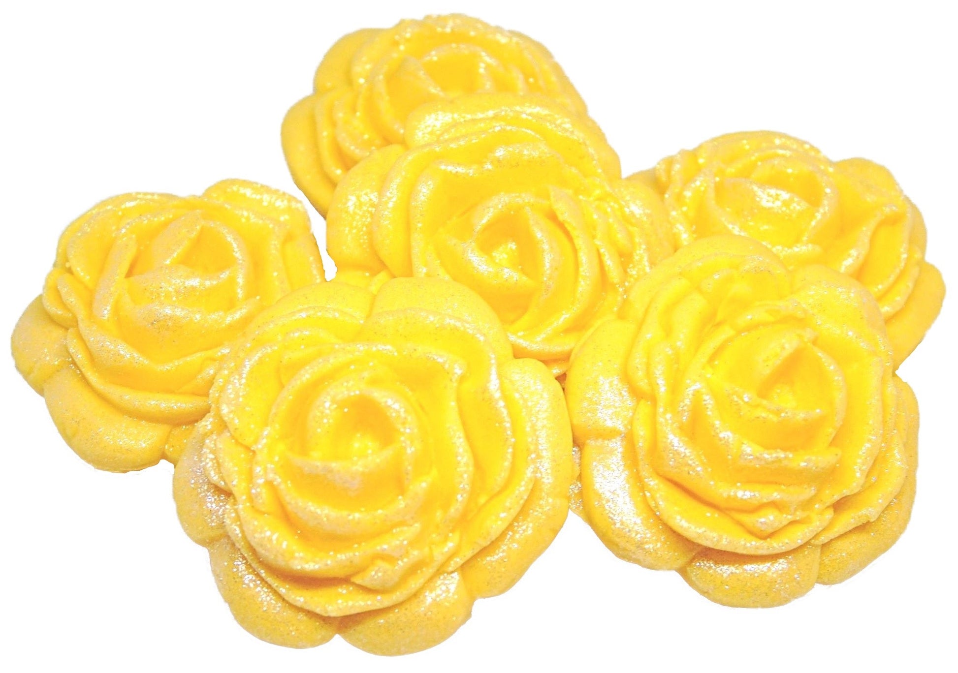 6 Glittered edible large roses Yellow vegan dairy free & gluten free rose decorations