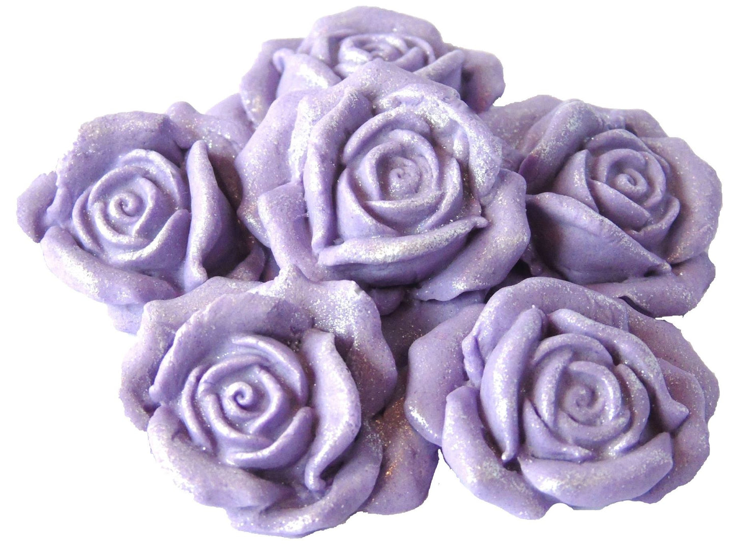 6 Lavender Glittered edible large roses vegan dairy free & gluten free decorations