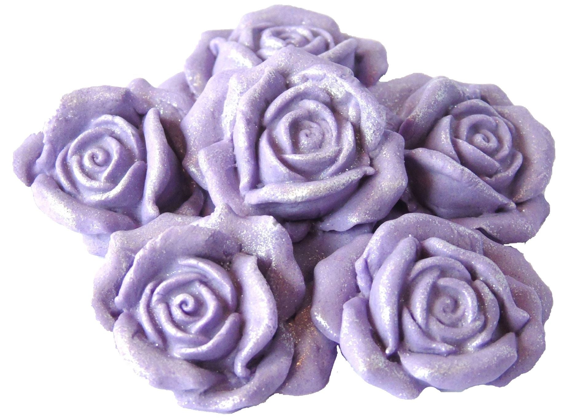 6 Lavender Glittered edible large roses vegan dairy free & gluten free decorations