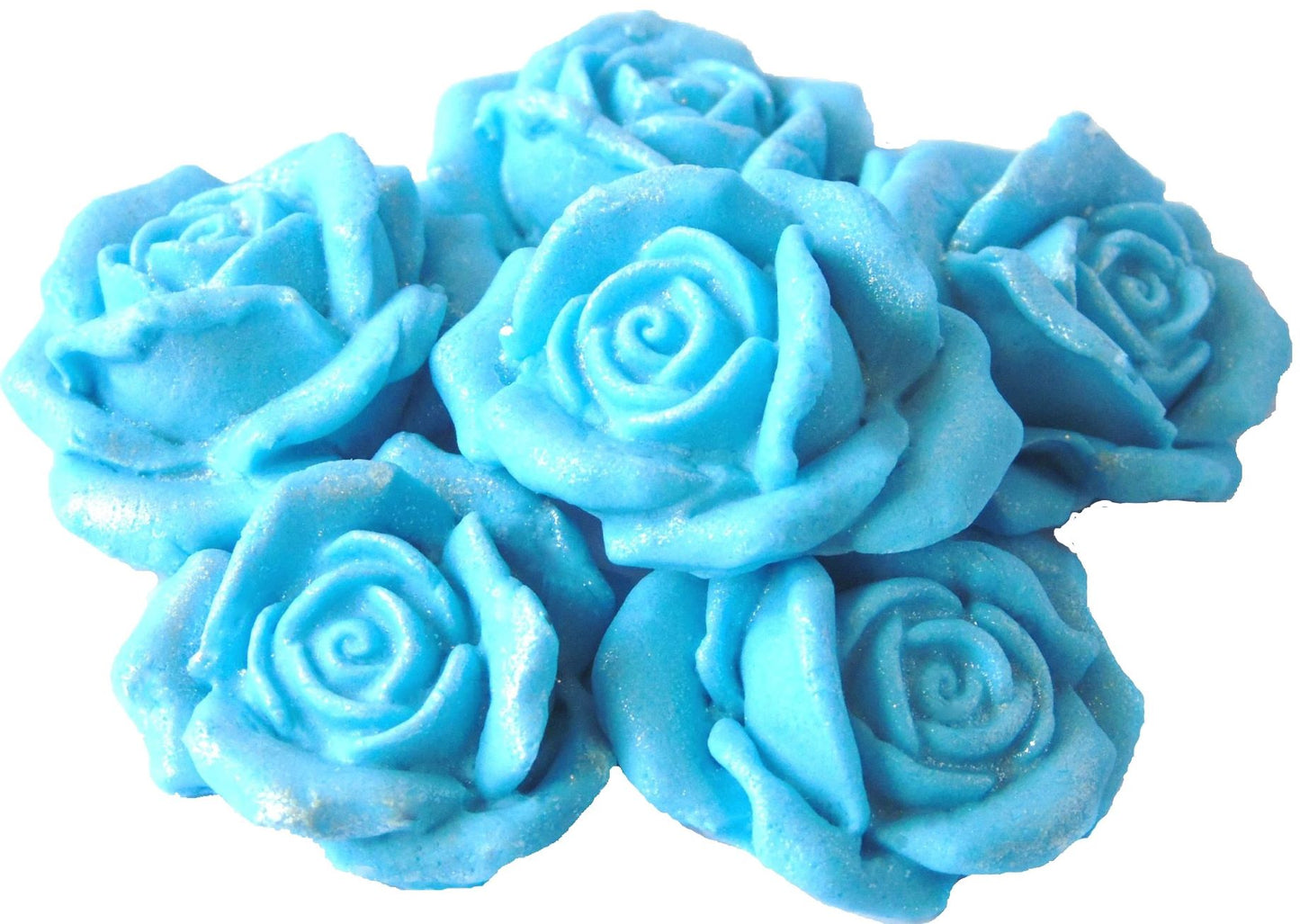 6 Blue Glittered edible large roses vegan dairy free & gluten free decorations