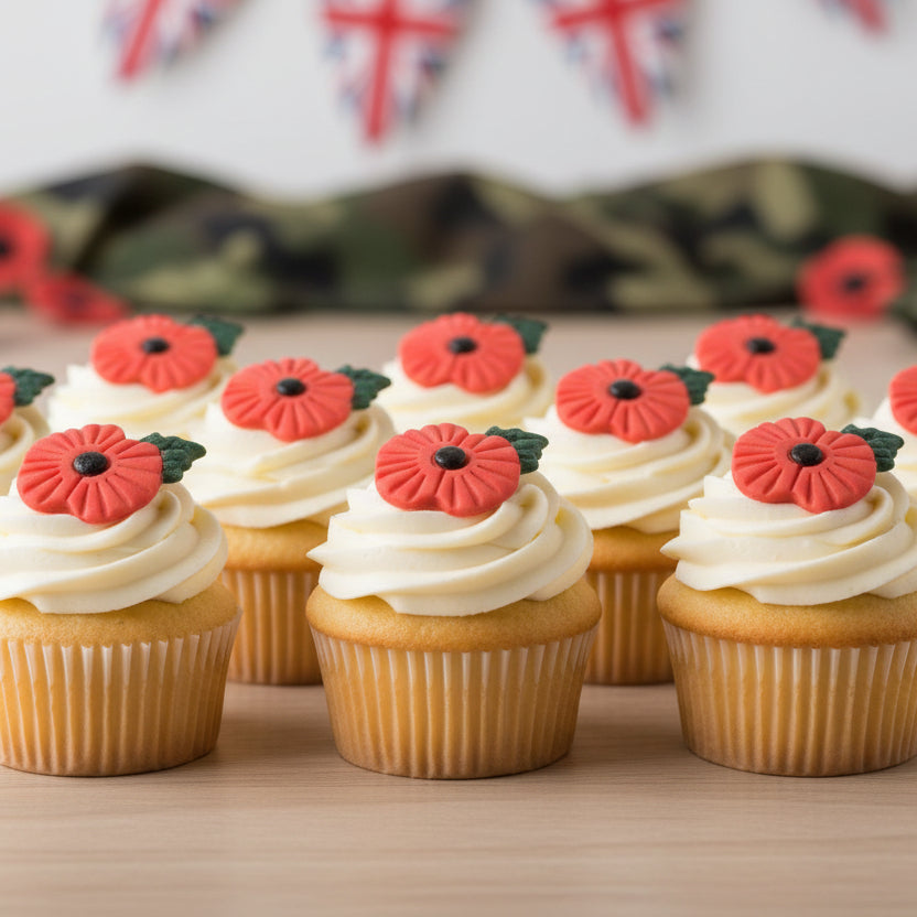 Edible poppies with green leaves on creamed cupcakes with a party background