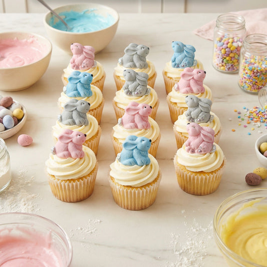 Cupcakes with Easter-themed rabbitsltoppers on a kitchen counter with baking ingredients.