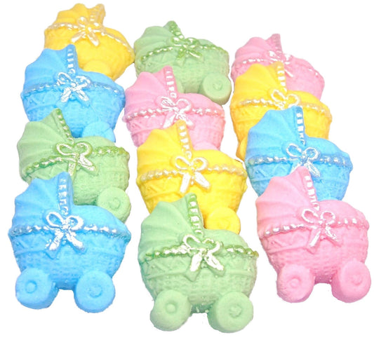 12 Mixed coloured Edible Prams, Baby Shower Vegan, Dairy & Gluten Free cupcake topper decorations. Mix of yellow, Green, Blue and Pink