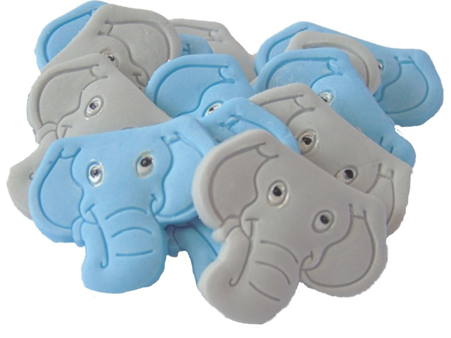 12 Blue & Grey Mix  of Elephant faces all are Vegan and are great for a Birthday or Baby Shower to decorate your Cupcake Toppers