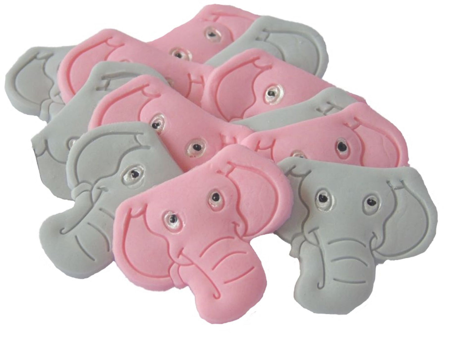 12 Pink & Grey Mix of Elephants faces all are Vegan and make great Birthday Baby Shower Cupcake Toppers