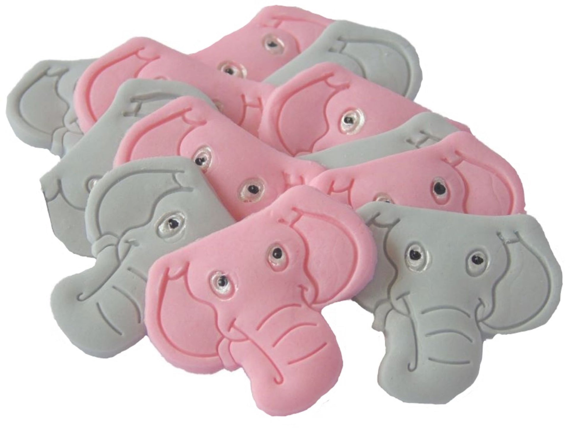 12 Pink & Grey Mix of Elephants faces all are Vegan and make great Birthday Baby Shower Cupcake Toppers