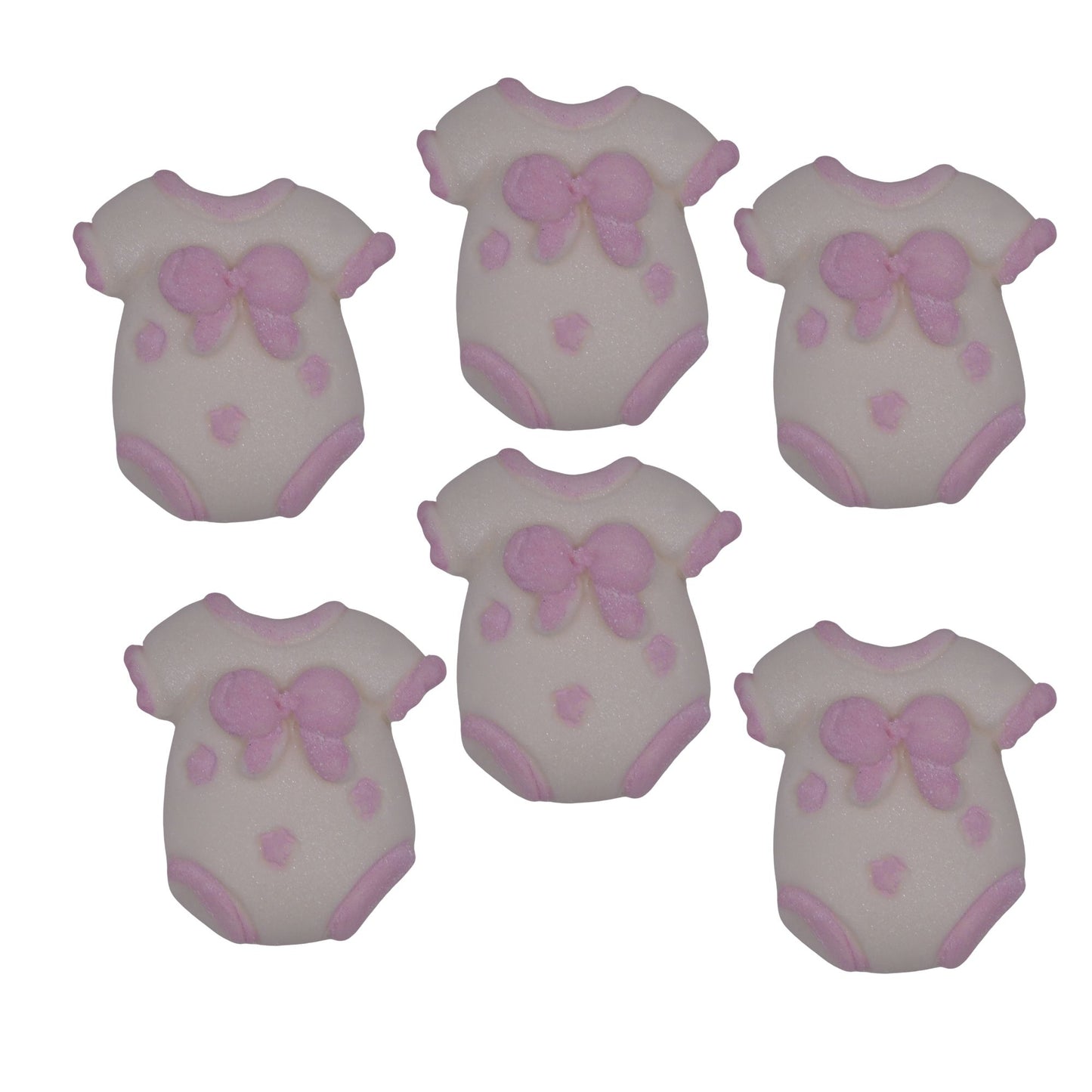 Six cupcake toppers in the shape of chunky baby vests with pink details, designed for baby shower decorations.