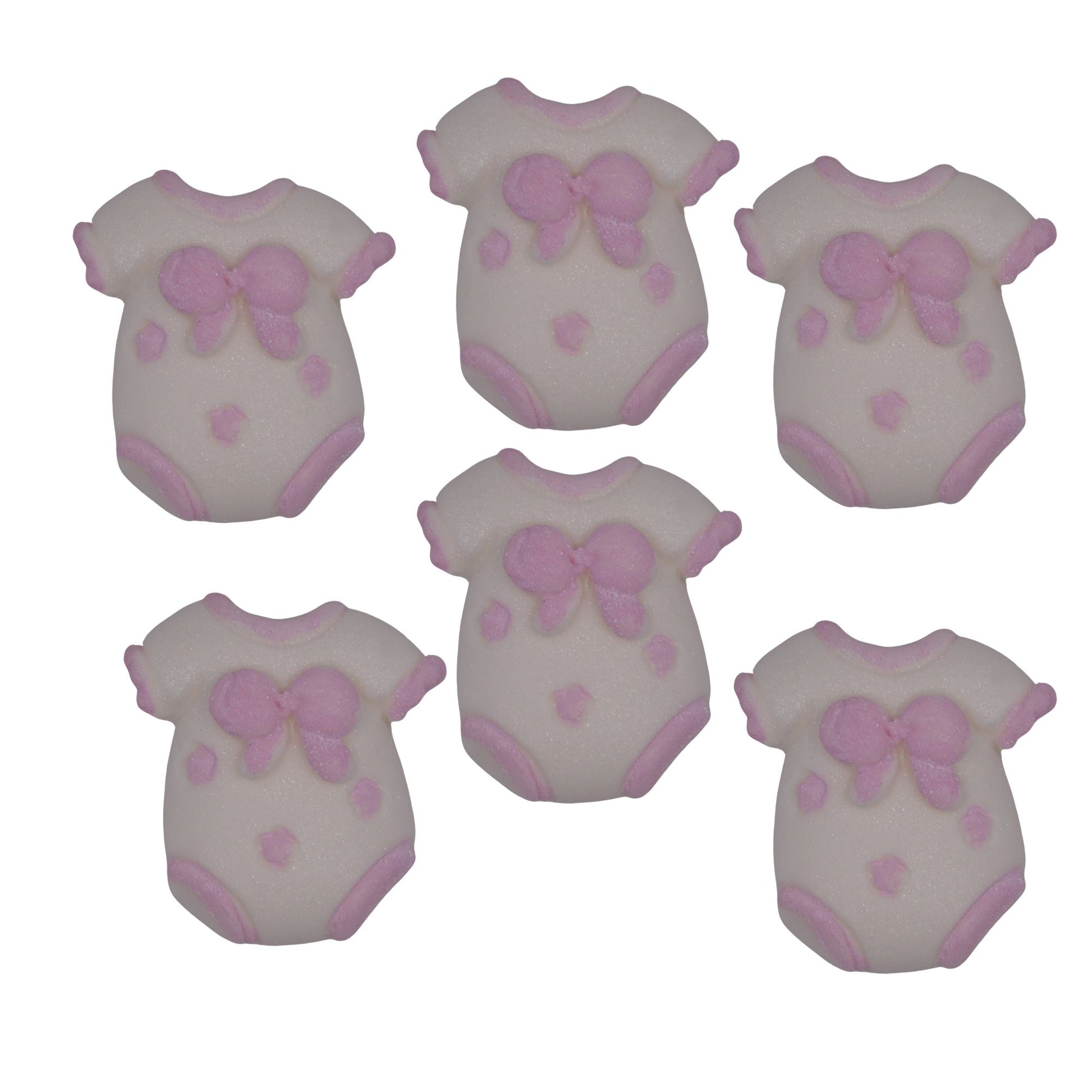 Six cupcake toppers in the shape of chunky baby vests with pink details, designed for baby shower decorations.