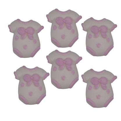 Six cupcake toppers in the shape of chunky baby vests with pink details, designed for baby shower decorations.