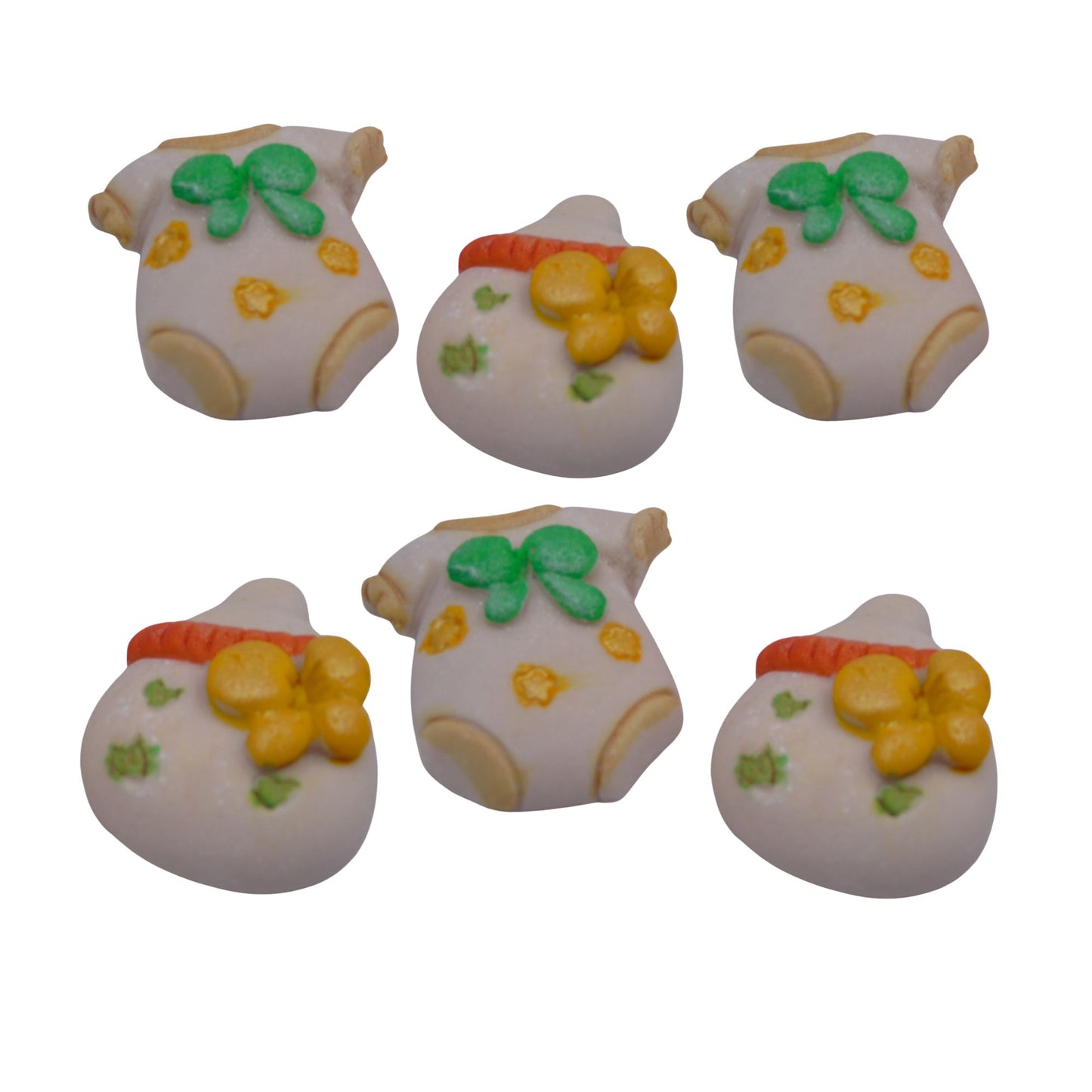 A set of edible baby shower cupcake toppers featuring designs of baby bottles and vests with colorful decorations.