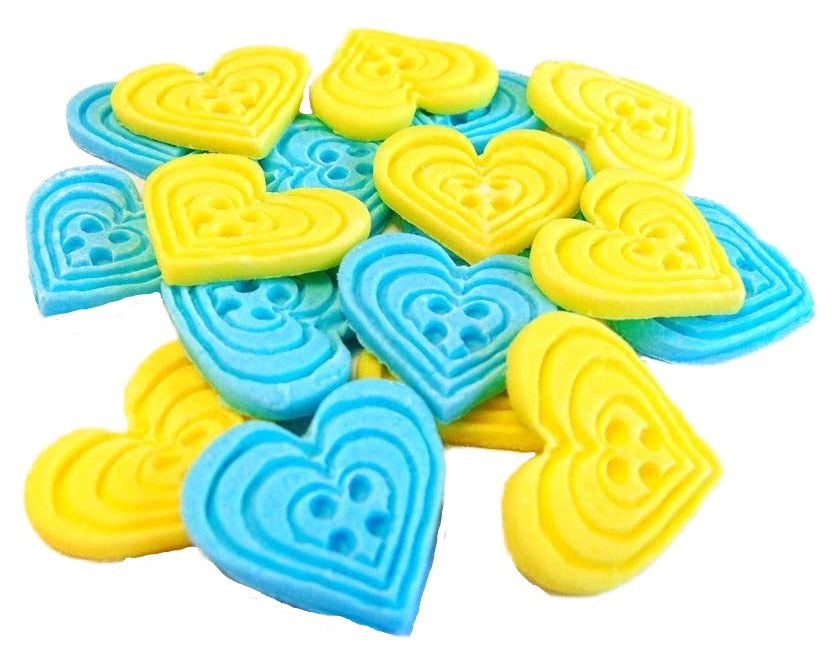 18 Edible Blue & Yellow  Mixed Coloured heart Shaped Buttons Vegan Cupcake Toppers