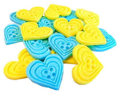 18 Edible Blue & Yellow  Mixed Coloured heart Shaped Buttons Vegan Cupcake Toppers