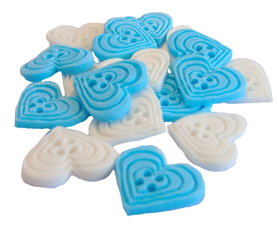 18 Edible Blue & White Mixed Coloured heart Shaped Buttons Vegan Cupcake Toppers